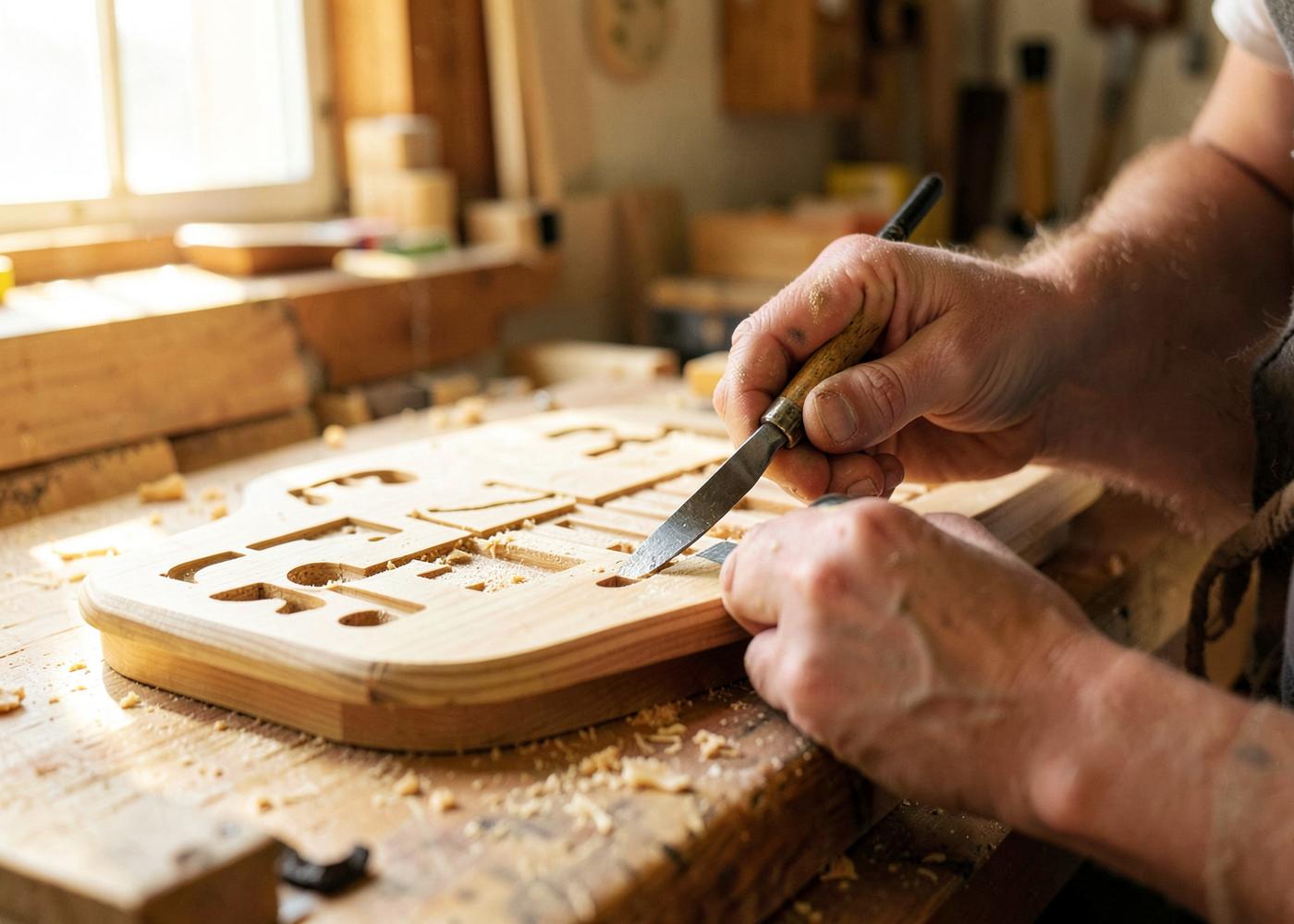 Meșter care sculptează manual o tablă de joc din lemn